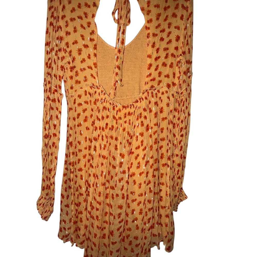 Free People Long Sleeve smocked open back orange 🍊 Floral Dress - Picture 3 of 11